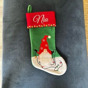 Green Christmas Stocking with Gnome Design